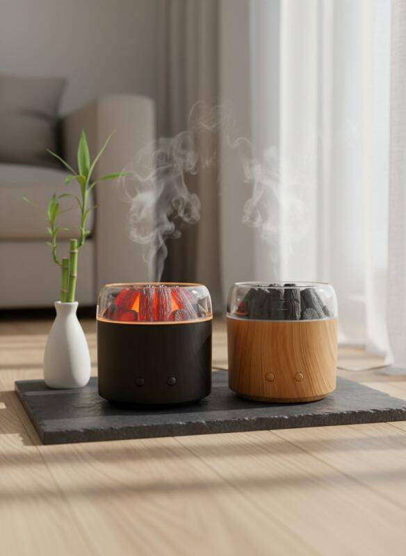 Charcoal Shape Essential Oil Aroma Diffuser, Dark Wood Finish, 300ml Capacity, LED Night Light, Cool Mist Humidifier, Round Shape, Electric Powered, for Home and Office, 8x6x5 cm