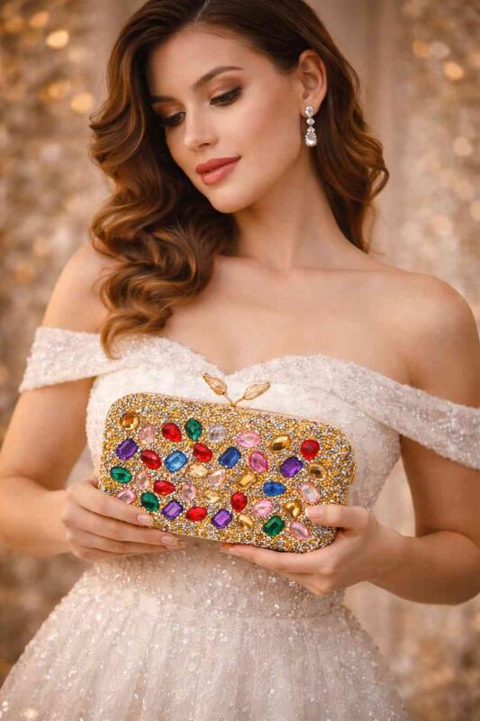 Small Crystal and Metal Elegant Rhinestone Clutch Evening Purse Night Party Clutch for Wedding Cocktail Party and Special Occasions