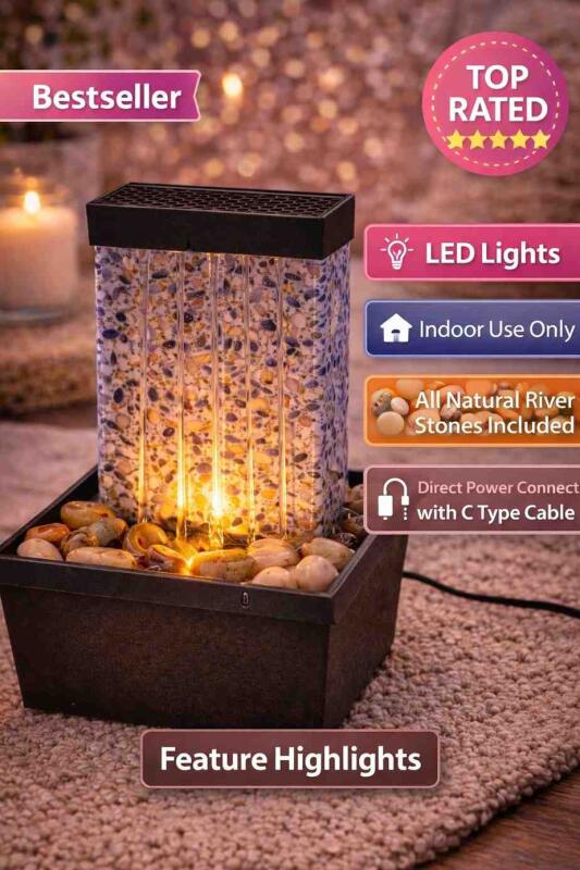 Indoor Rock Waterfall Tabletop Fountain Indoor with LED Lights Waterfall for Modern Home Office Decor