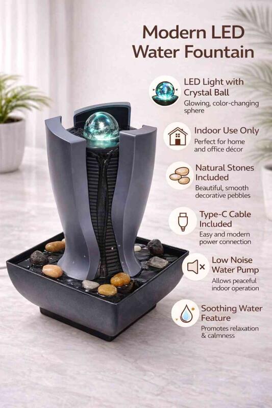 Indoor Tabletop Water Fountain for Home & Office | Decorative Zen Waterfall Showpiece with Crystal Ball & Pebbles | USB Powered Relaxation Fountain for Living Room, Bedroom & Meditation