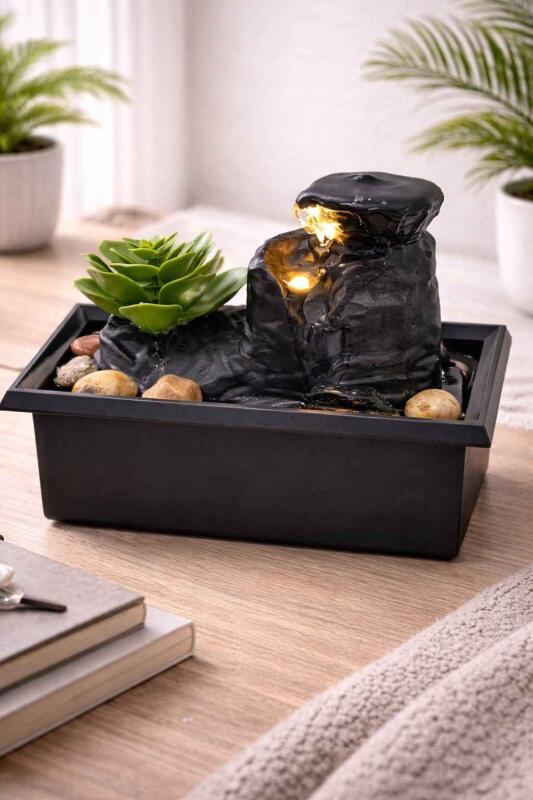 Tabletop Fountain Decorative Battery/USB Operated Small Indoor Water Fountain Ornaments Landscape Decoration Sculpture for Table Home Living Room Office (D)