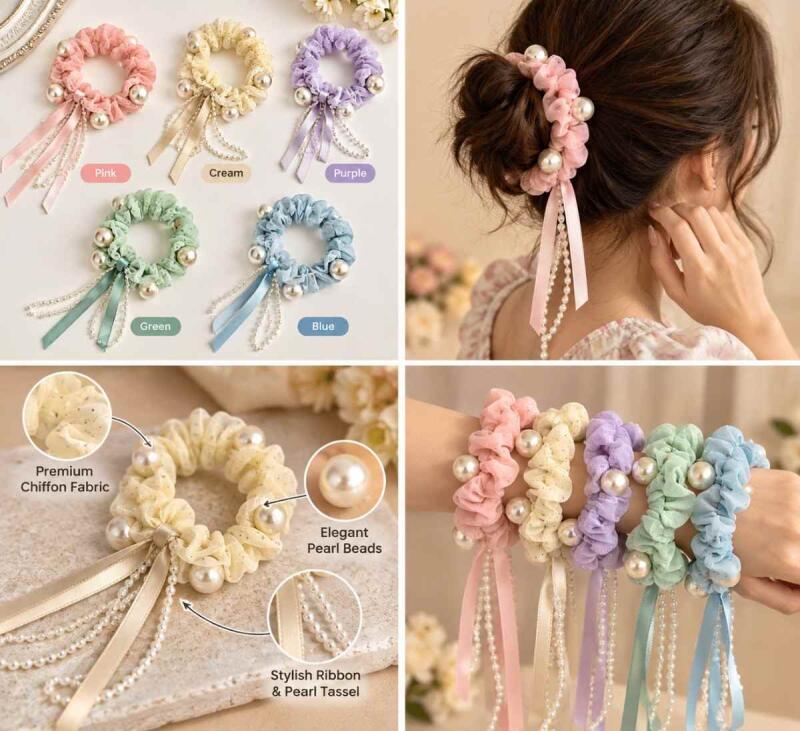 Women's Pearl Beaded Floral Scrunchie with Satin Ribbon & Chiffon Fabric Hair Tie – Pastel Pink, Cream, Purple, Green & Blue – SuperBrand