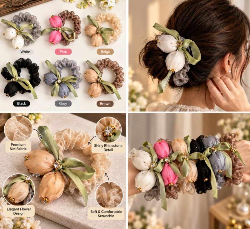 Women's Floral Bow Scrunchie Hair Tie with Satin Ribbon & Rhinestone Details – Stylish Sheer Net Fabric Hair Accessory – SuperBrand