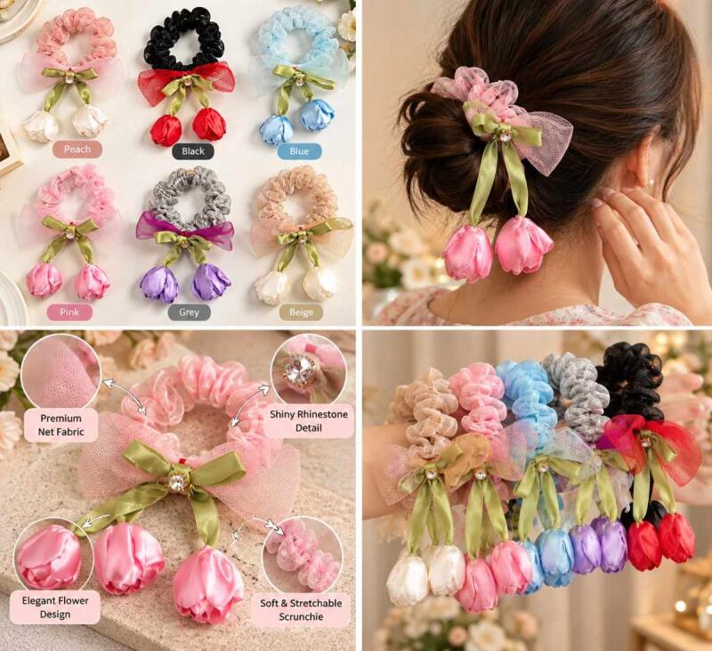 Women's Tulip Flower Scrunchie with Satin Ribbon Bow – Sheer Net Fabric Hair Tie with Rhinestone Detail and Floral Tassels – SuperBrand