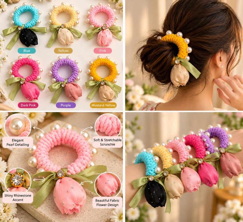 Women's Pearl Beaded Tulip Flower Scrunchie with Satin Ribbon Bow – Decorative Hair Tie with Rhinestone Details – SuperBrand