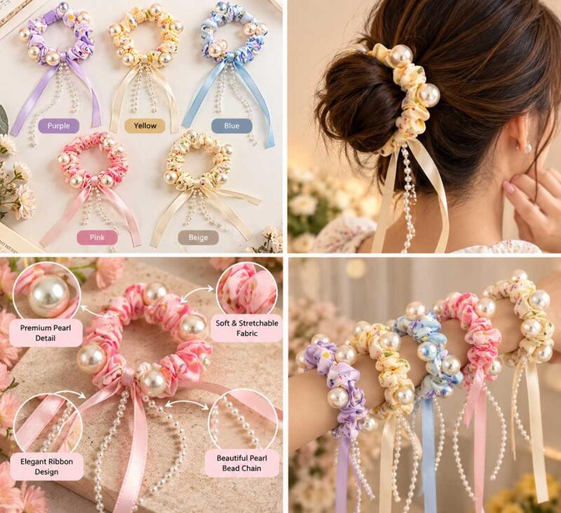 Women's Pearl Beaded Scrunchie with Satin Ribbon & Decorative Pearl Chain – Floral Printed Fabric Hair Tie – SuperBrand