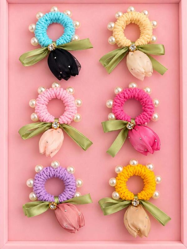 Women's Pearl Beaded Tulip Flower Scrunchie with Satin Ribbon Bow – Decorative Hair Tie with Rhinestone Details – SuperBrand