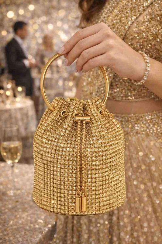 Crystal Rhinestone Potli Bag, Gold and Silver Handbag with Metal Ring Handle, Satin Lined Drawstring Purse for Wedding &Party