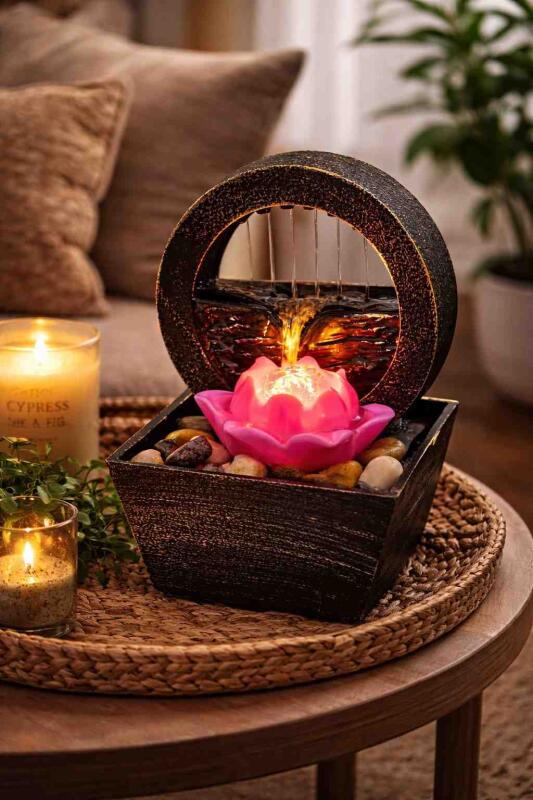 Indoor Water Fountains Lotus Lamp, Illuminated Relaxation Zen Tabletop Fountains Water Feature Feng Shui Ornaments with LED Lights for Home Office Bedroom Decoration