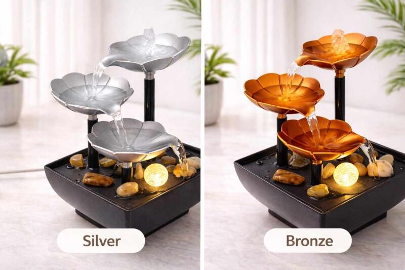 3-Tier Metal Tabletop Water Fountain for Home Decor Living Room Indoor Waterfall Desktop Leaf Fountains for Office Table Relaxation Fountain with Natural Stones(1pcs)