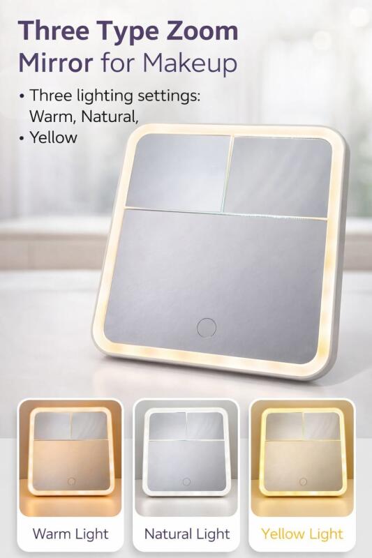 LED Lighted Makeup Mirror with 3 Color Modes, 1X,2X,&3X, Foldable & Rechargeable Battery Portable Vanity Rectangular Mirror with Stand for Travel & Home
